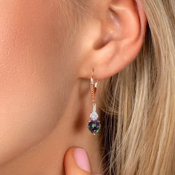 18K Rose Gold with 3.49 Cttw Mystic Topaz and Moissanite Heart Drop Earrings